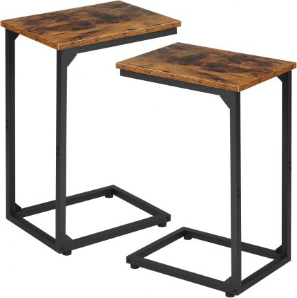 Set of 2 C-Shaped Slide-Under Sofa & Bed Tables – Rustic Brown Wood & Black Metal TV Trays