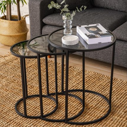 3-Piece Round Glass & Black Metal Nesting Side Tables – Modern Living Room Accent Set